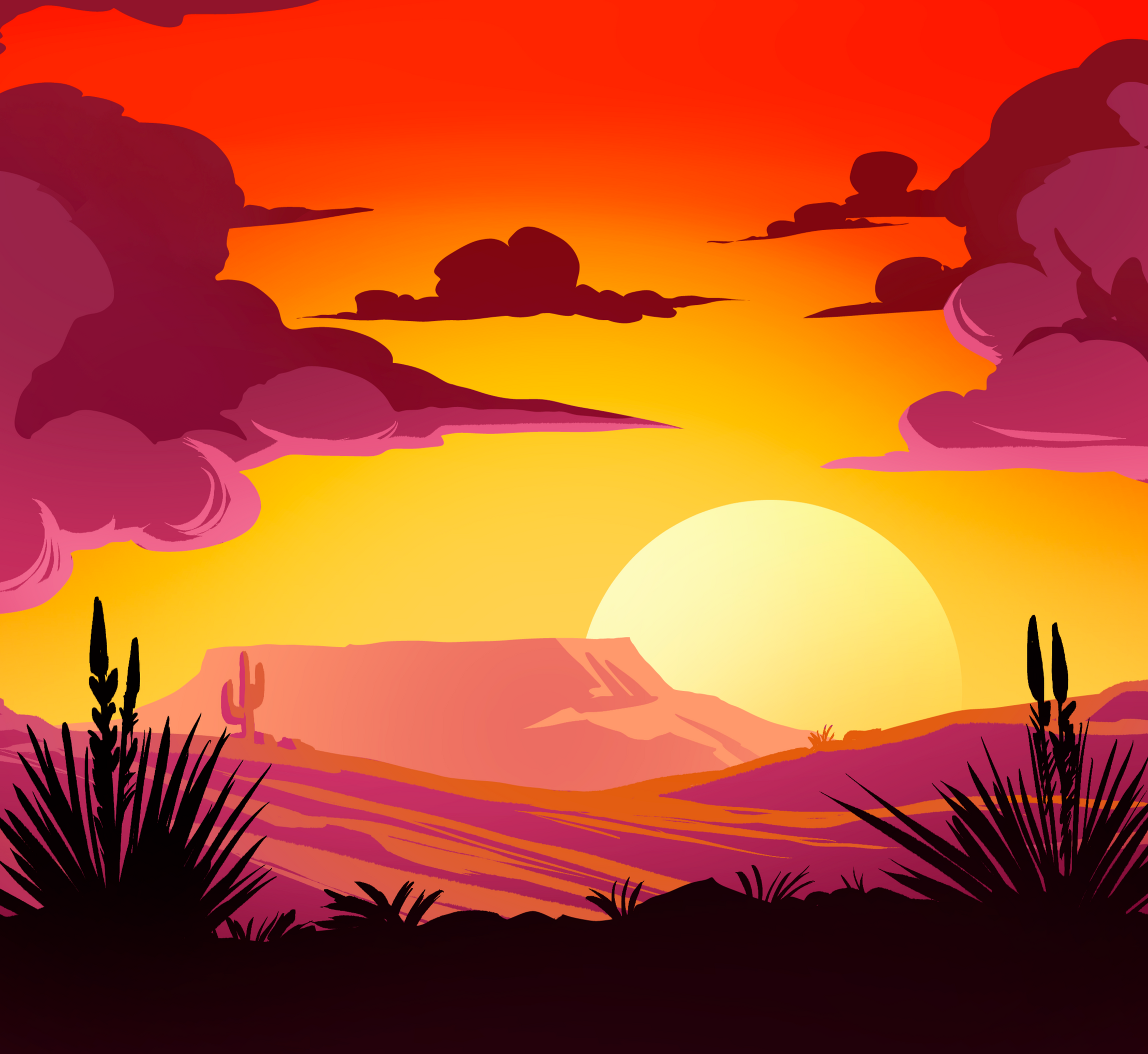 "Stylized digital artwork of a desert sunset, featuring a gradient of warm colors from deep purple to vivid orange across a vast sky with billowing clouds. The sun dips low on the horizon beneath layers of hills. Silhouettes of desert vegetation, such as c